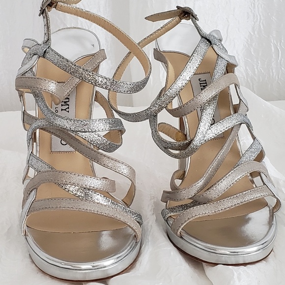 JIMMY CHOO DART MIRROR GLITTER SILVER STRAPPY NWT - Picture 6 of 8